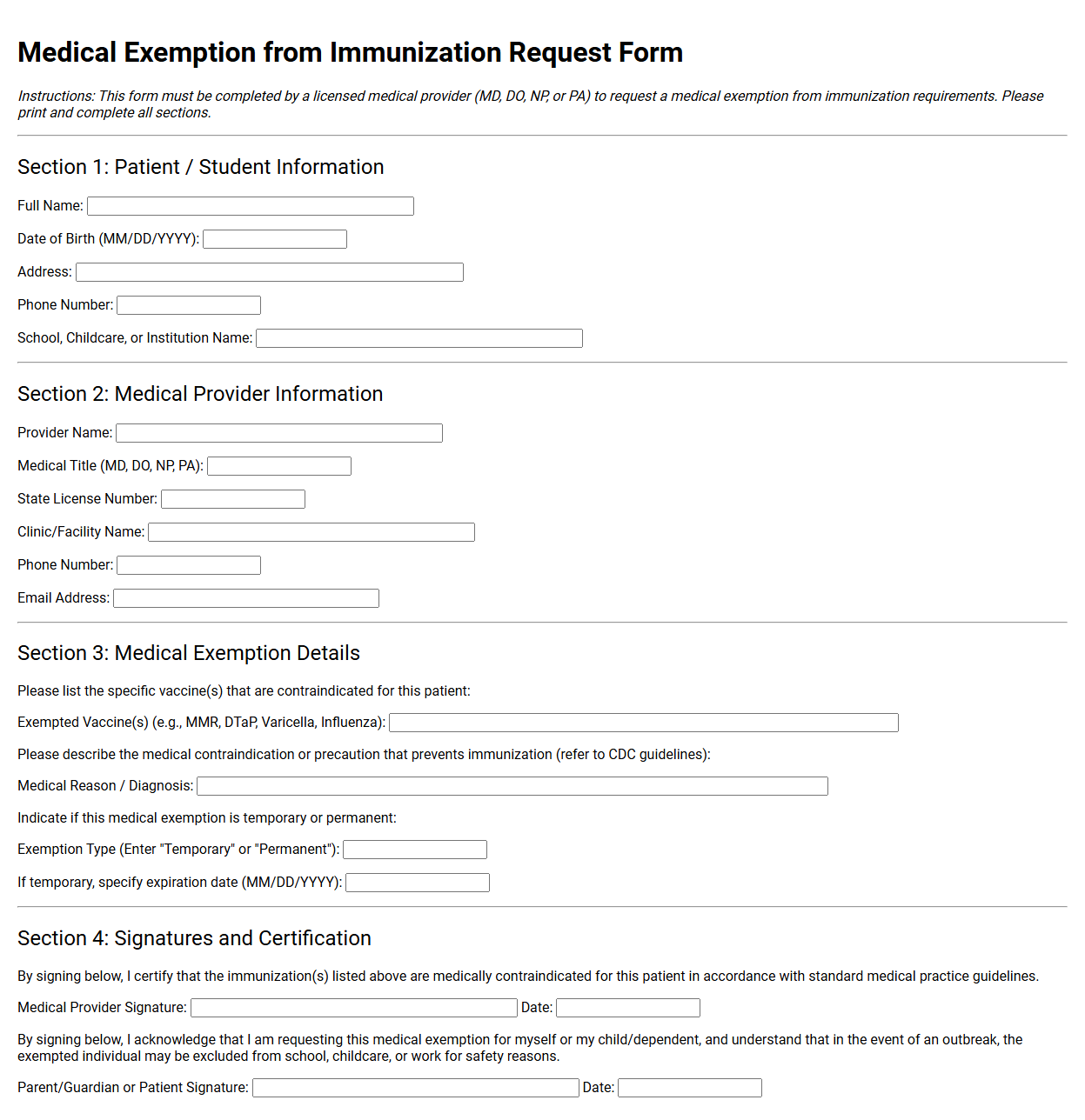 Medical Exemption from Immunization Request Form