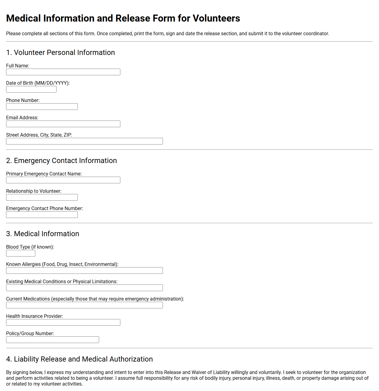 Medical Information and Release Form for Volunteers
