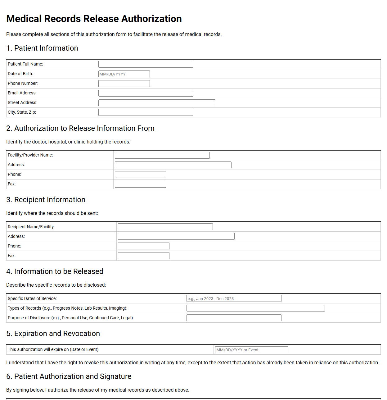 Medical Records Release Authorization Template