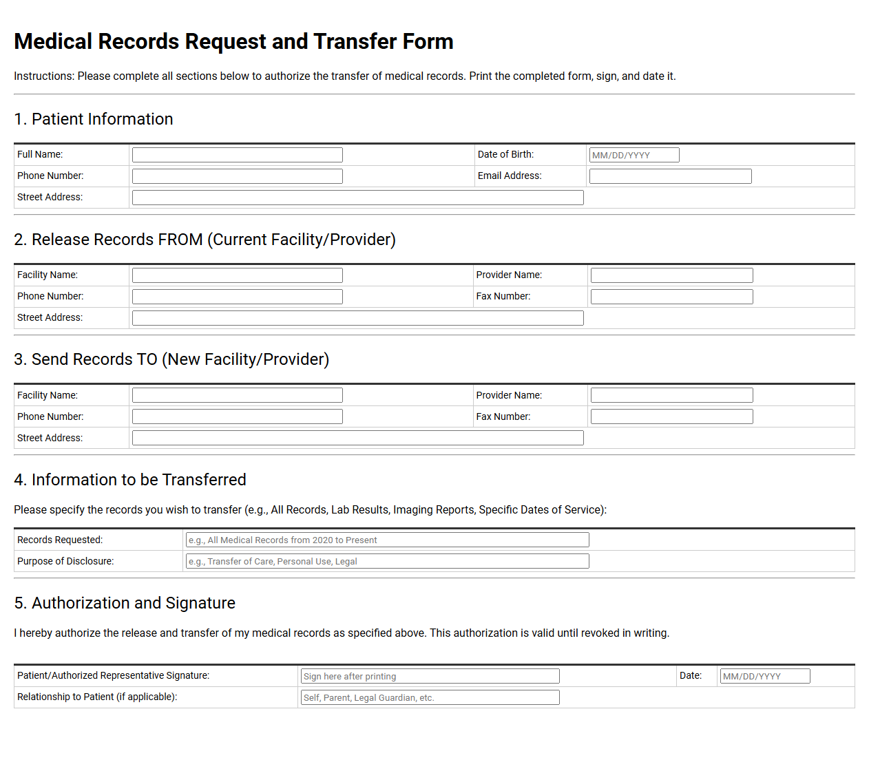 Medical Records Request and Transfer Form
