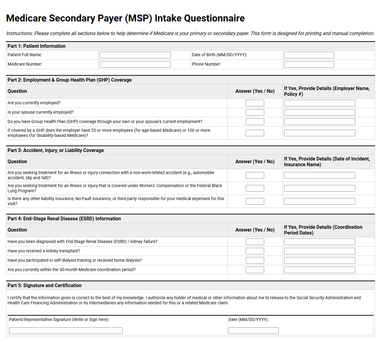 Medicare Secondary Payer Intake Questionnaire
