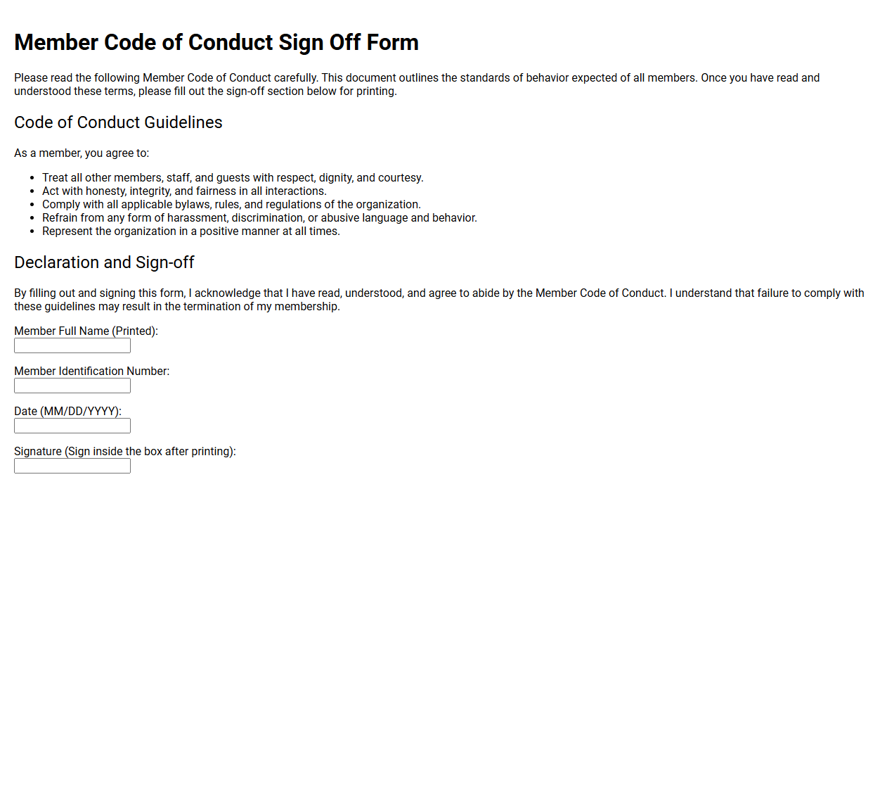 Member Code of Conduct Sign Off Form