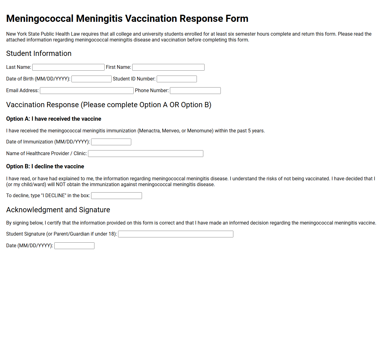 Meningococcal Meningitis Vaccination Response Form