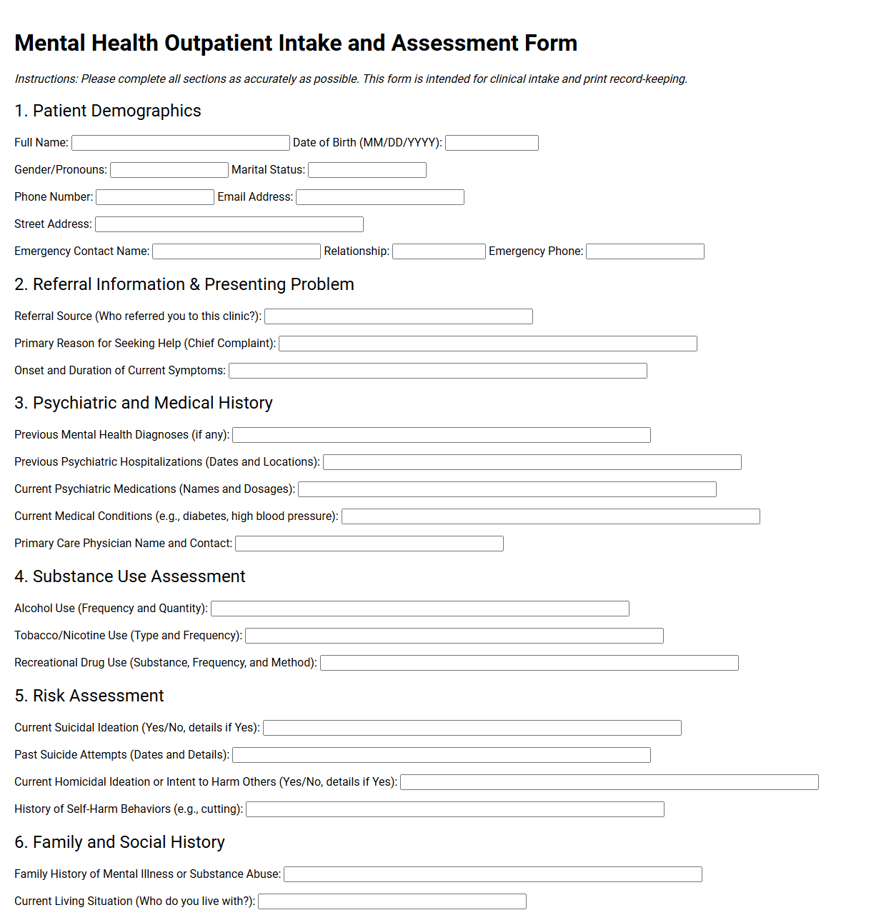 Mental Health Outpatient Intake and Assessment Form