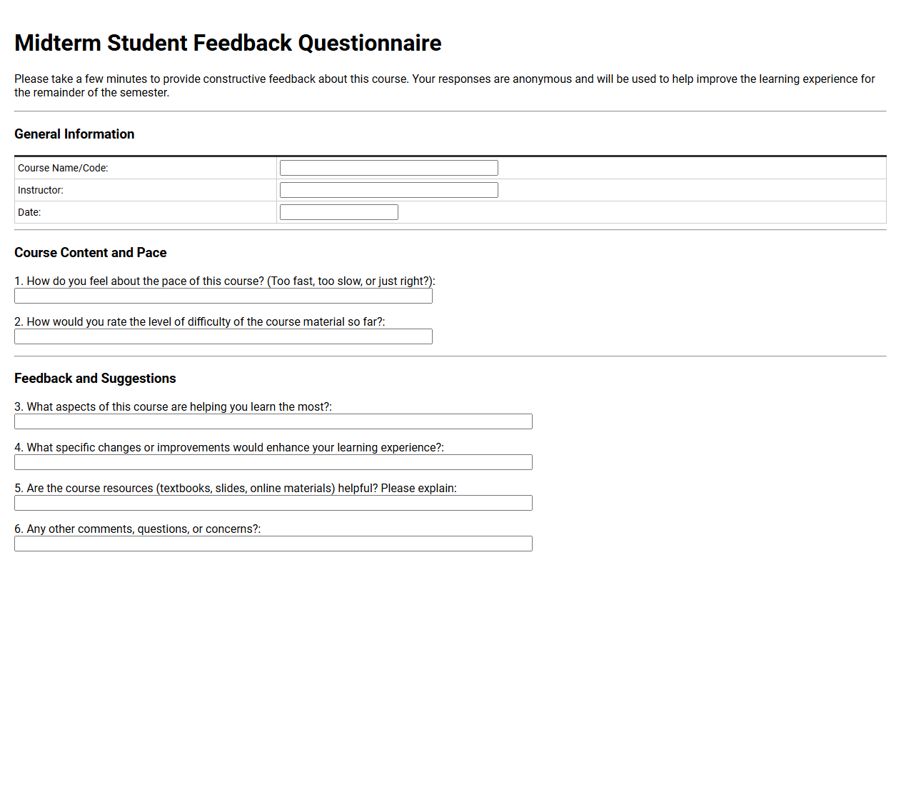 Midterm Student Feedback Questionnaire