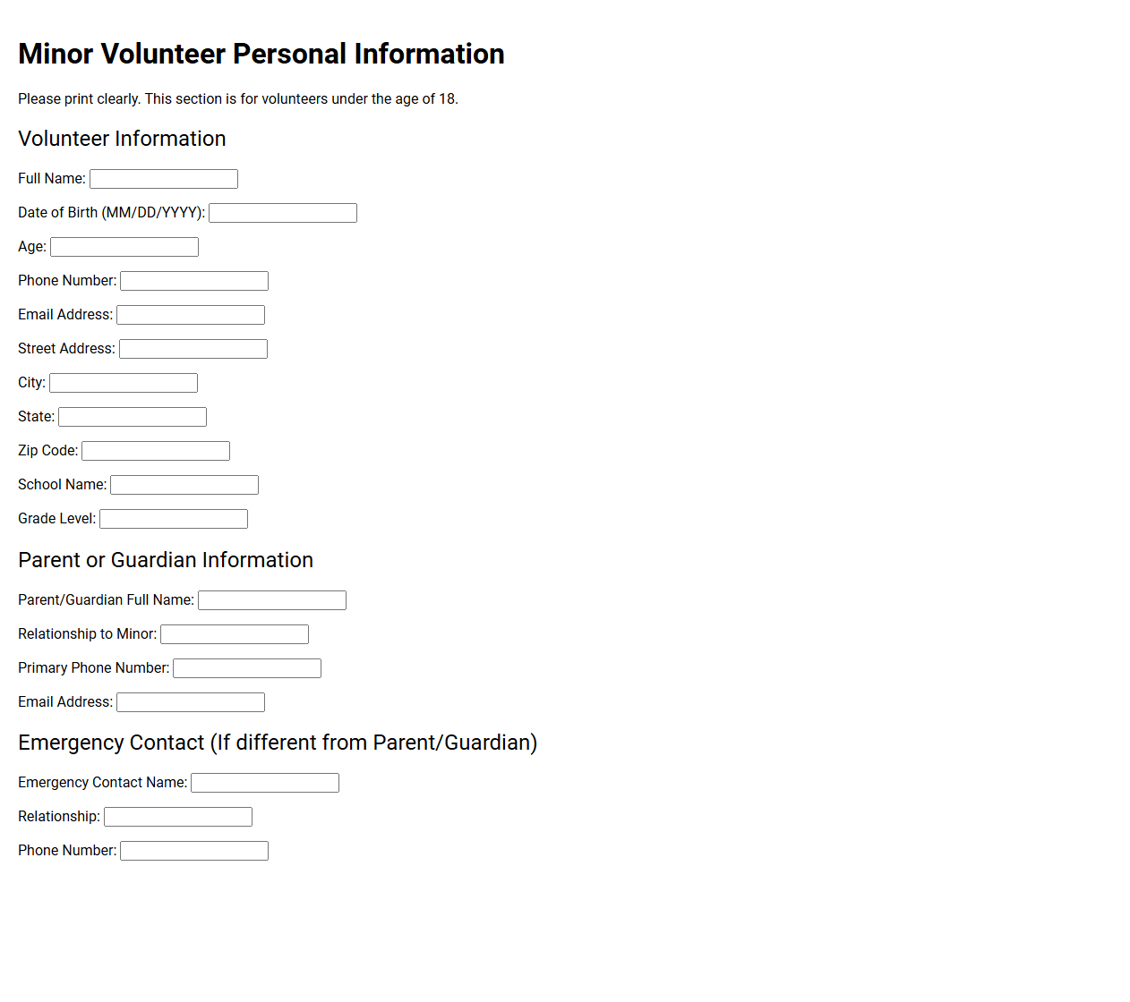 Minor Volunteer Personal Information Section