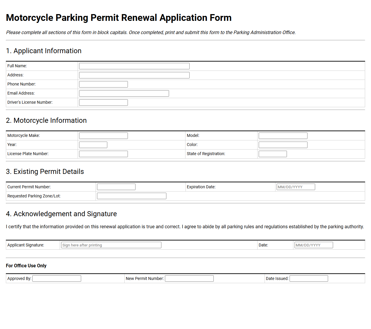 Motorcycle Parking Permit Renewal Application Form
