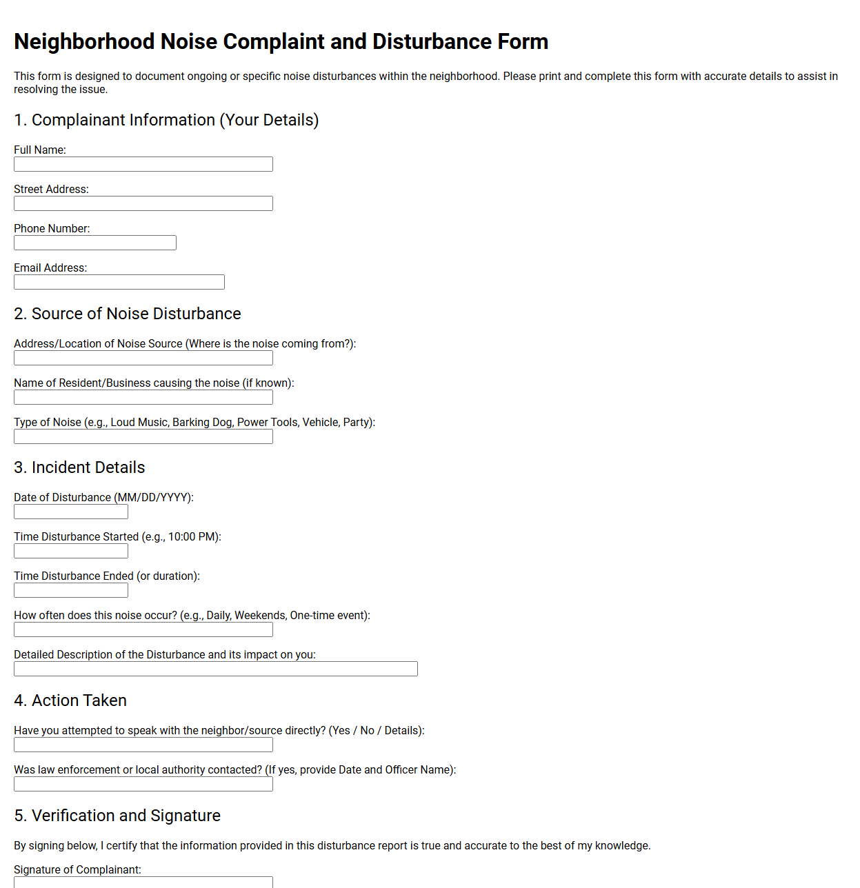 Neighborhood Noise Complaint and Disturbance Form