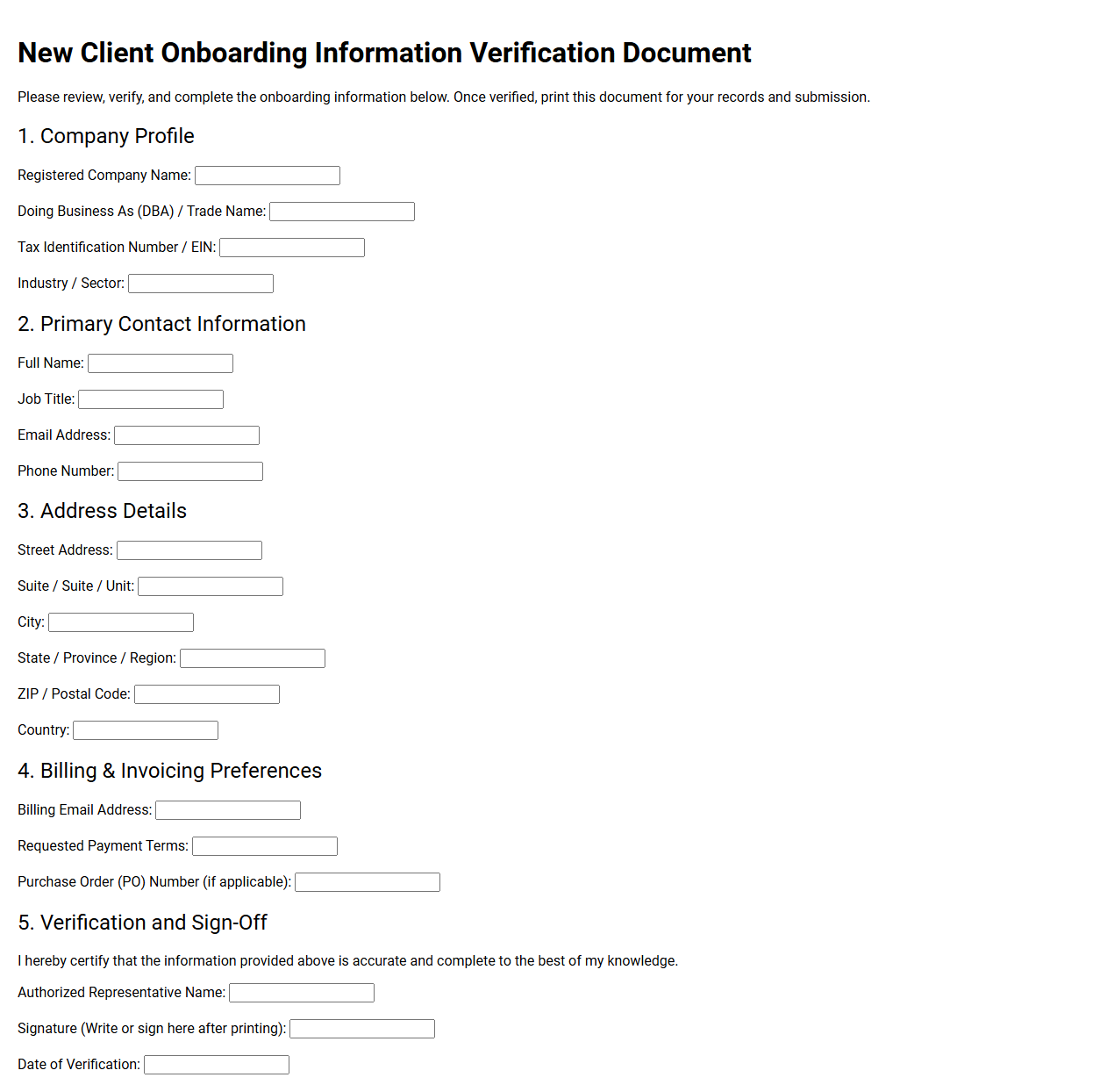 New Client Onboarding Information Verification Document