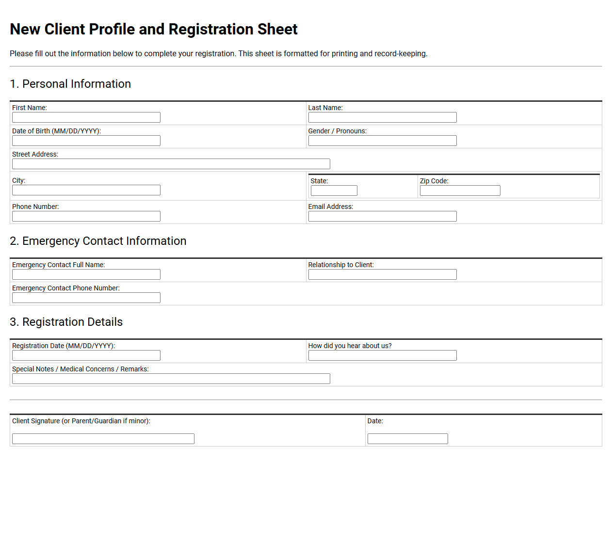 New Client Profile and Registration Sheet