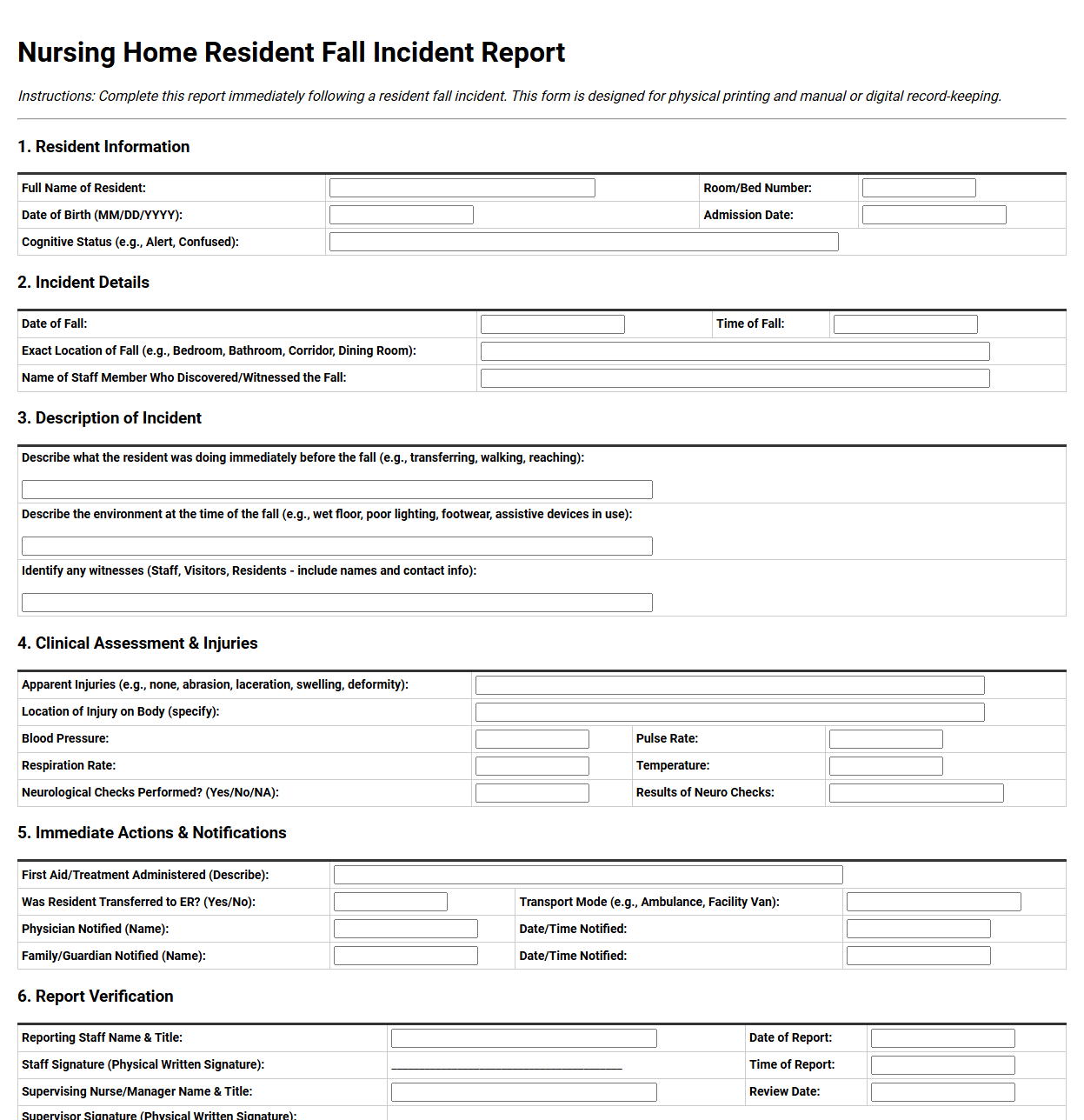 Nursing Home Resident Fall Incident Report