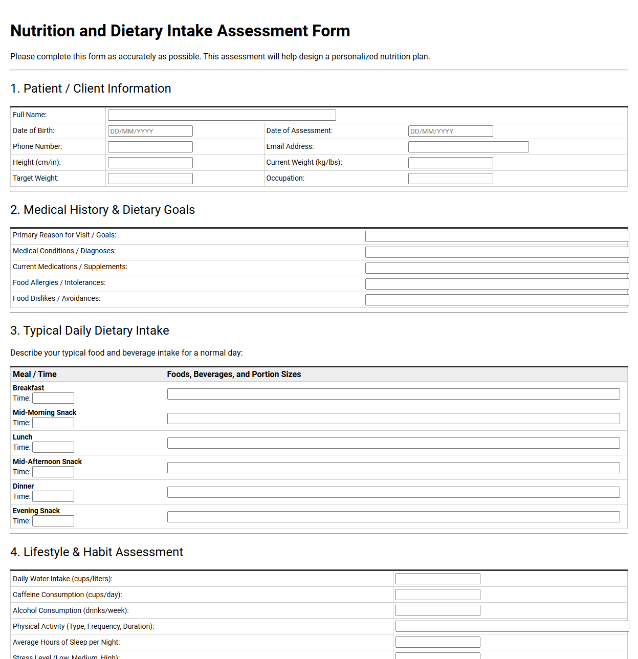 Nutrition and Dietary Intake Assessment Form