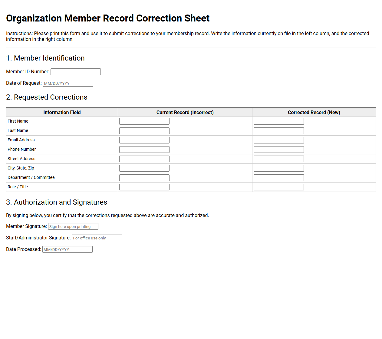 Organization Member Record Correction Sheet