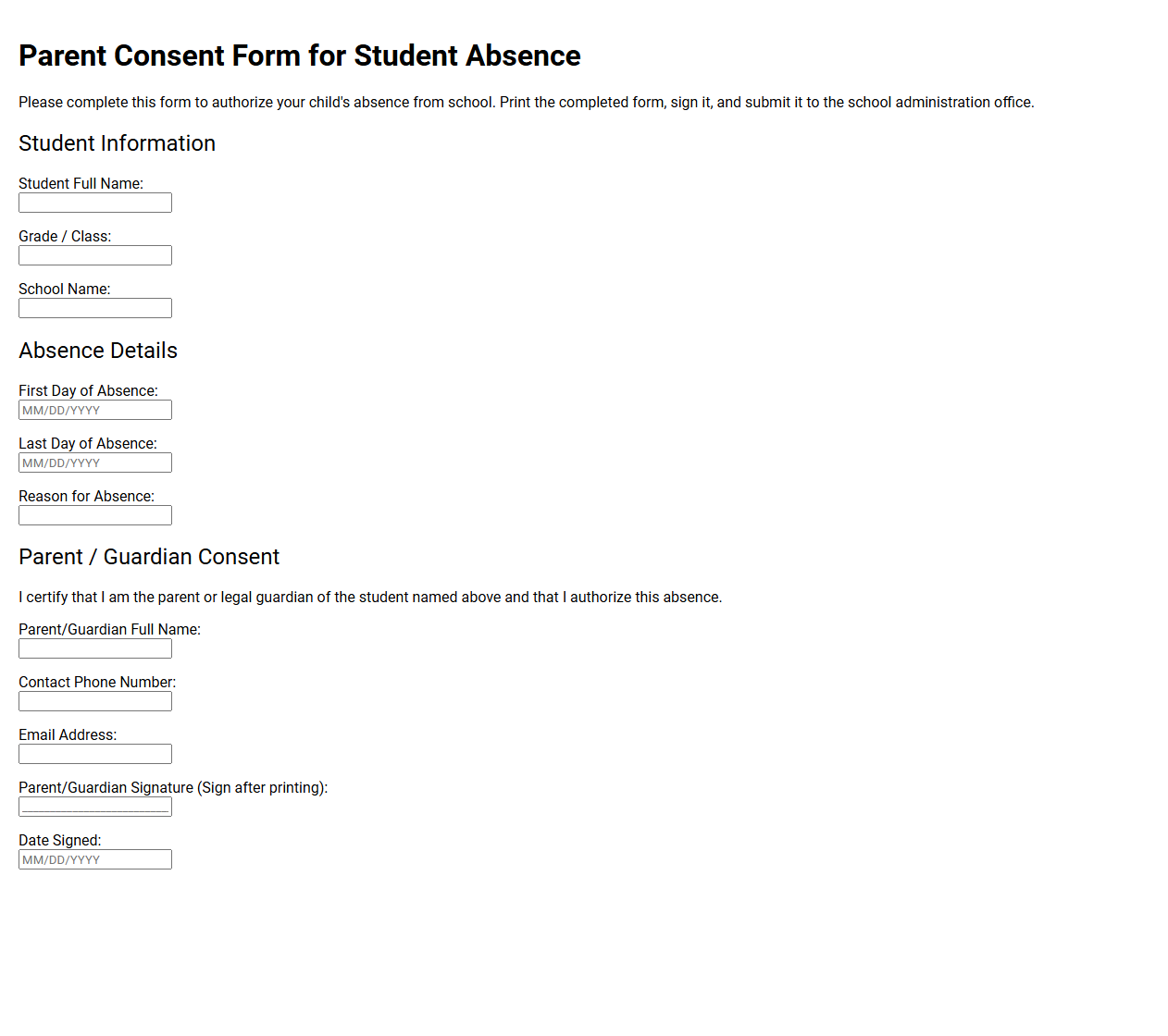 Parent Consent Form for Student Absence