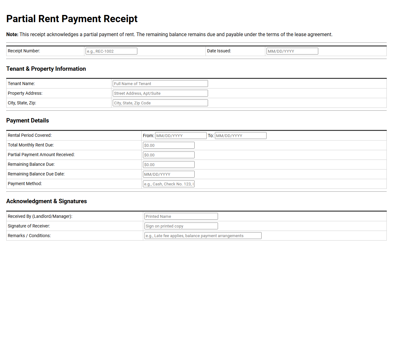 Partial Rent Payment Receipt Template