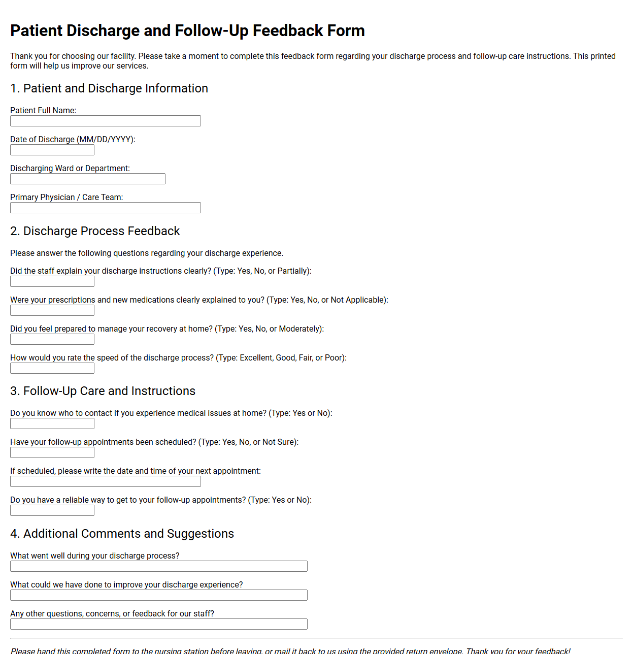 Patient Discharge and Follow-Up Feedback Form