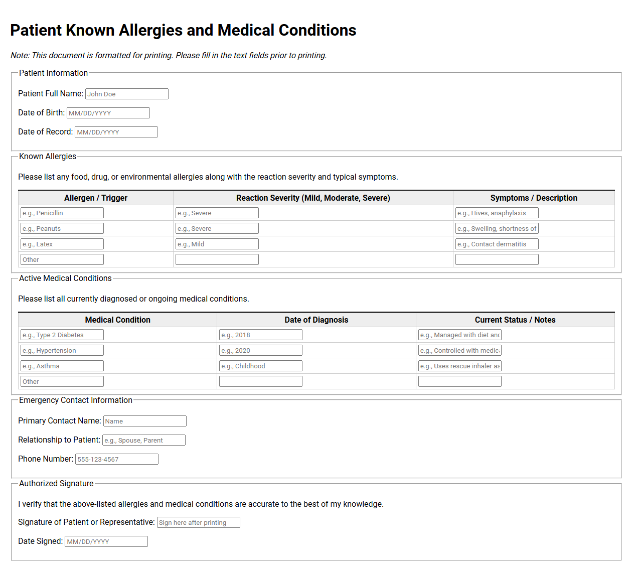 Patient Known Allergies and Medical Conditions