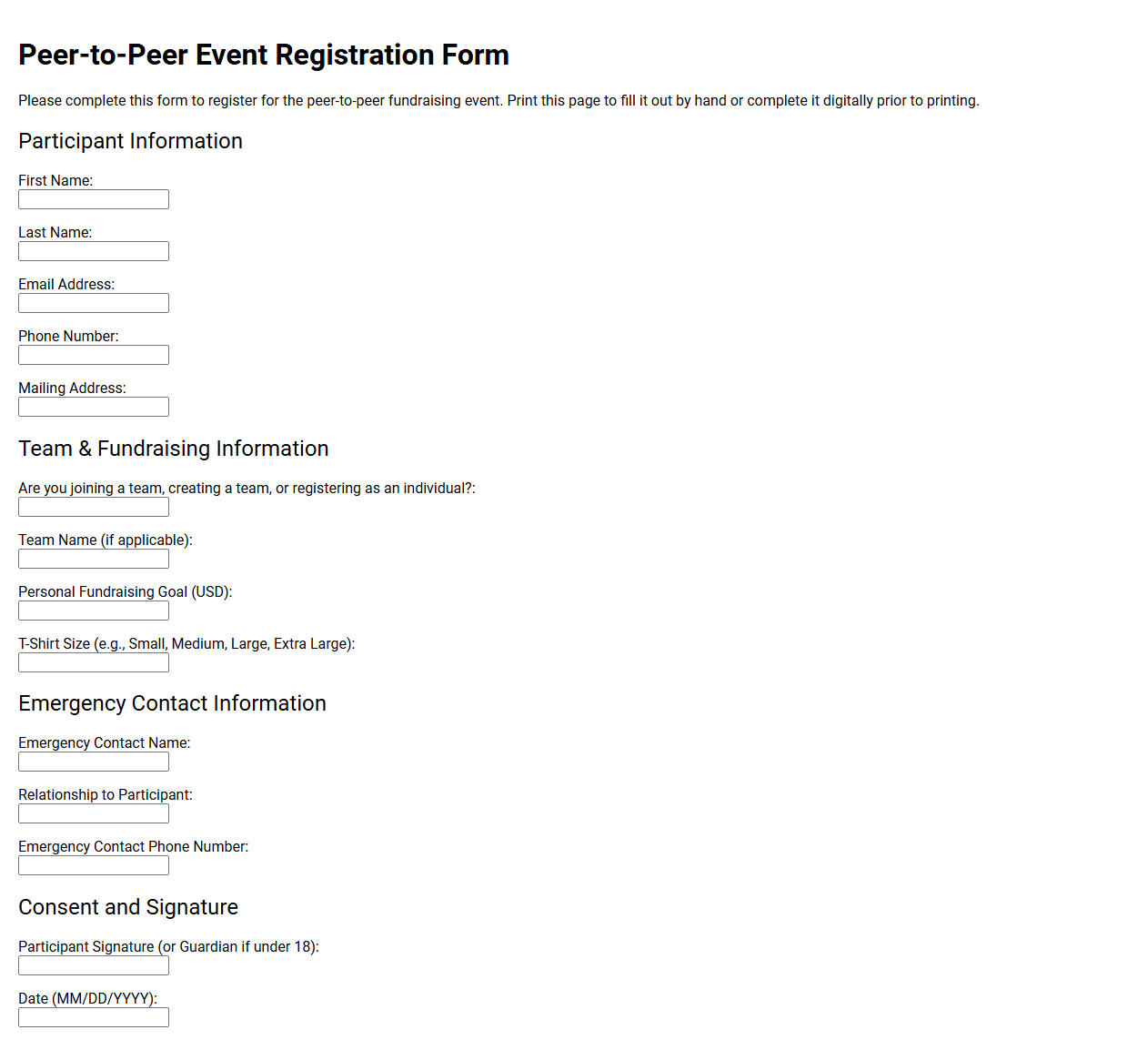 Peer-to-Peer Event Registration Form
