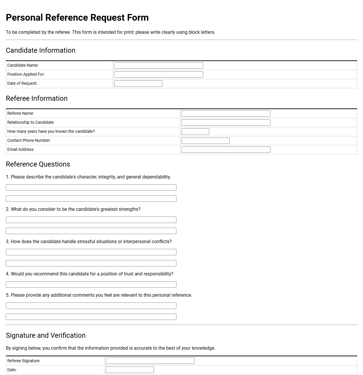 Personal Reference Request Form