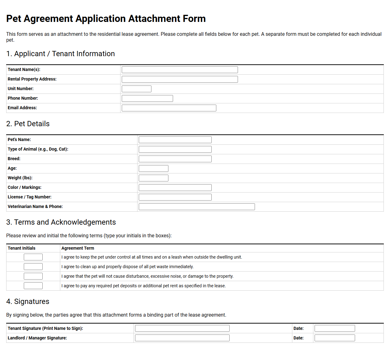 Pet Agreement Application Attachment Form