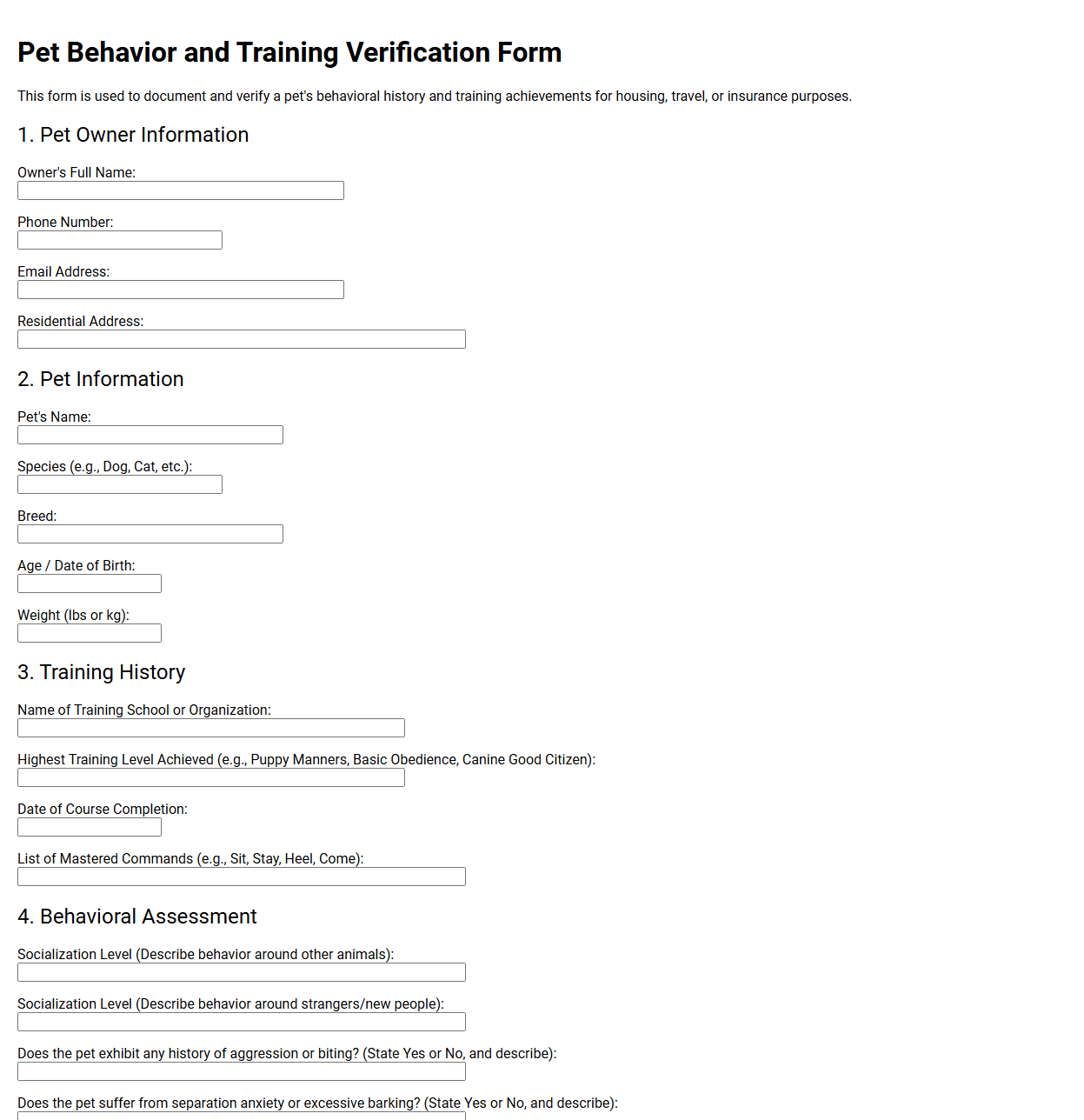 Pet Behavior and Training Verification Form