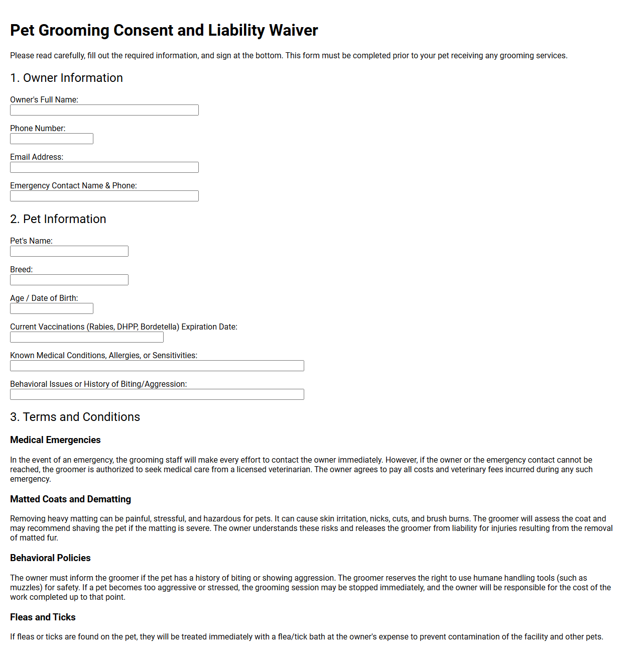 Pet Grooming Consent and Liability Waiver
