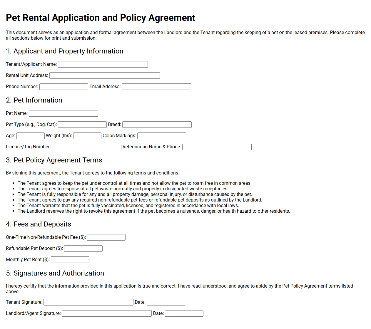 Pet Rental Application and Policy Agreement