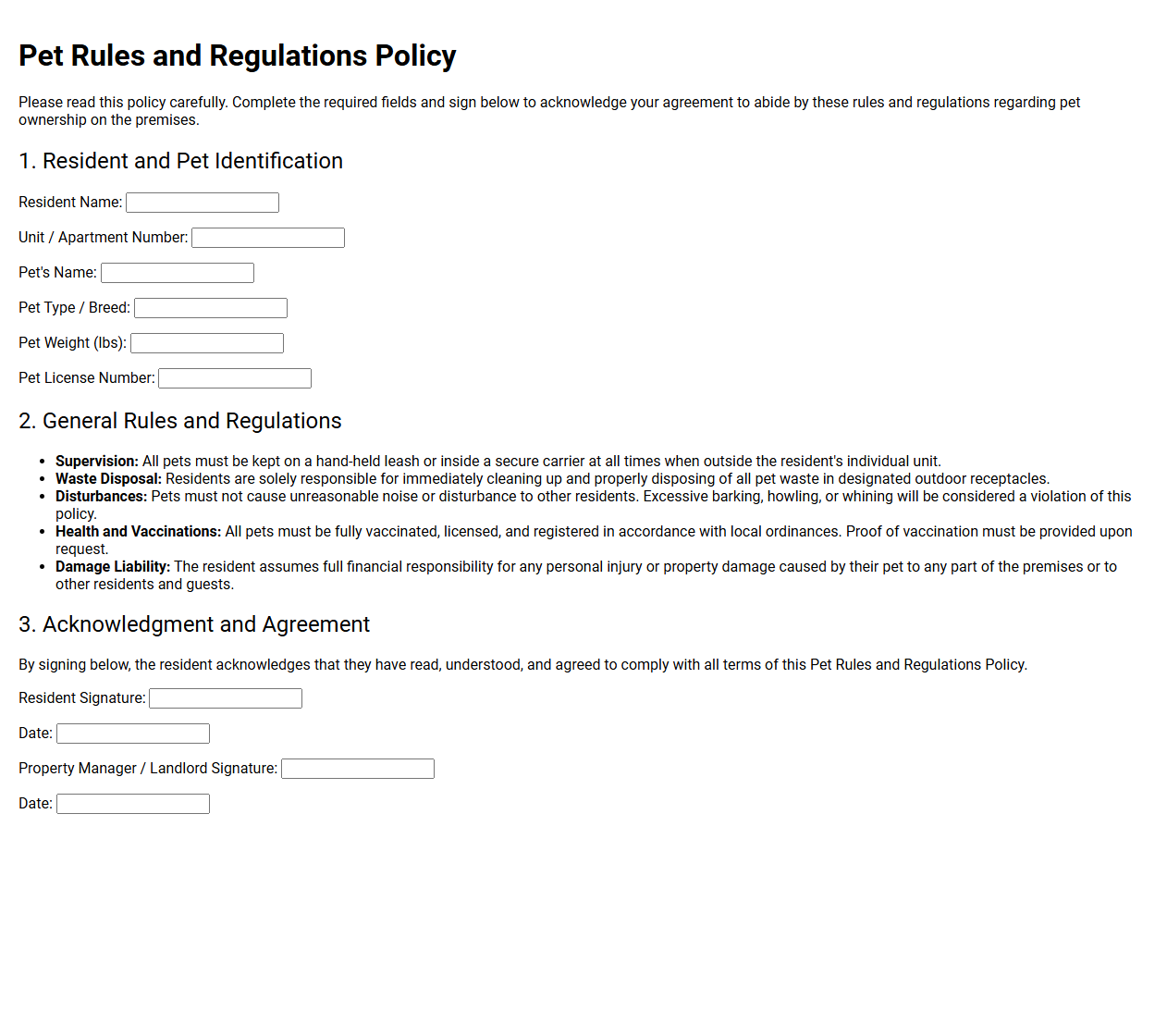 Pet Rules and Regulations Policy