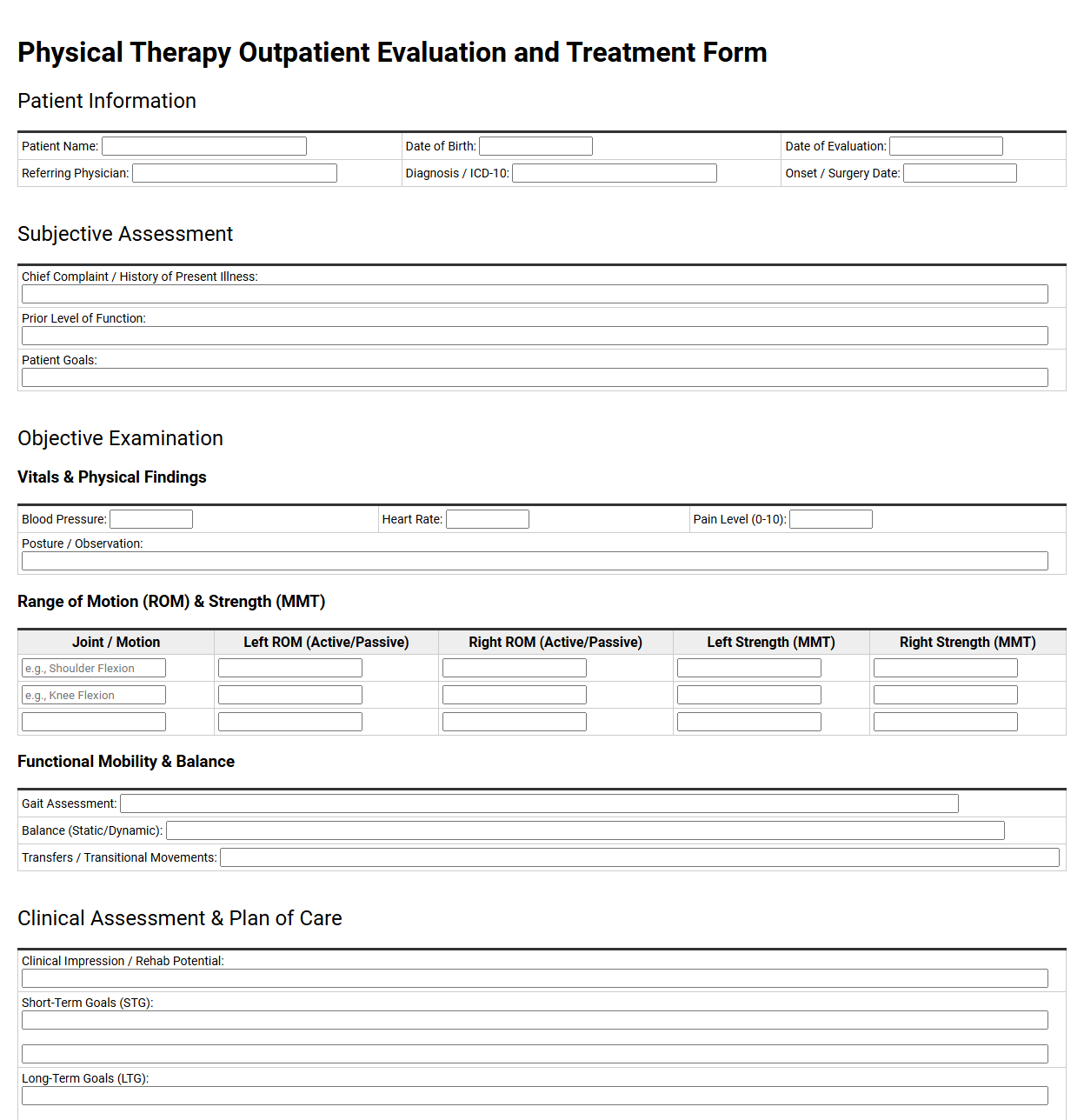 Physical Therapy Outpatient Evaluation and Treatment Form