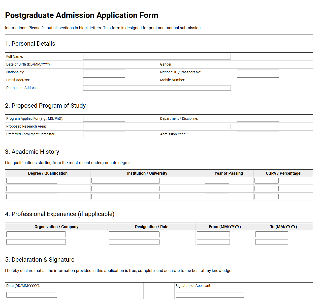 Postgraduate Admission Application Form