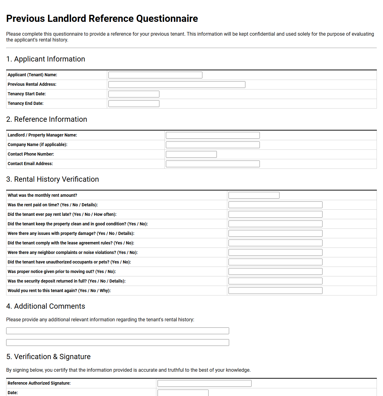 Previous Landlord Reference Questionnaire Document