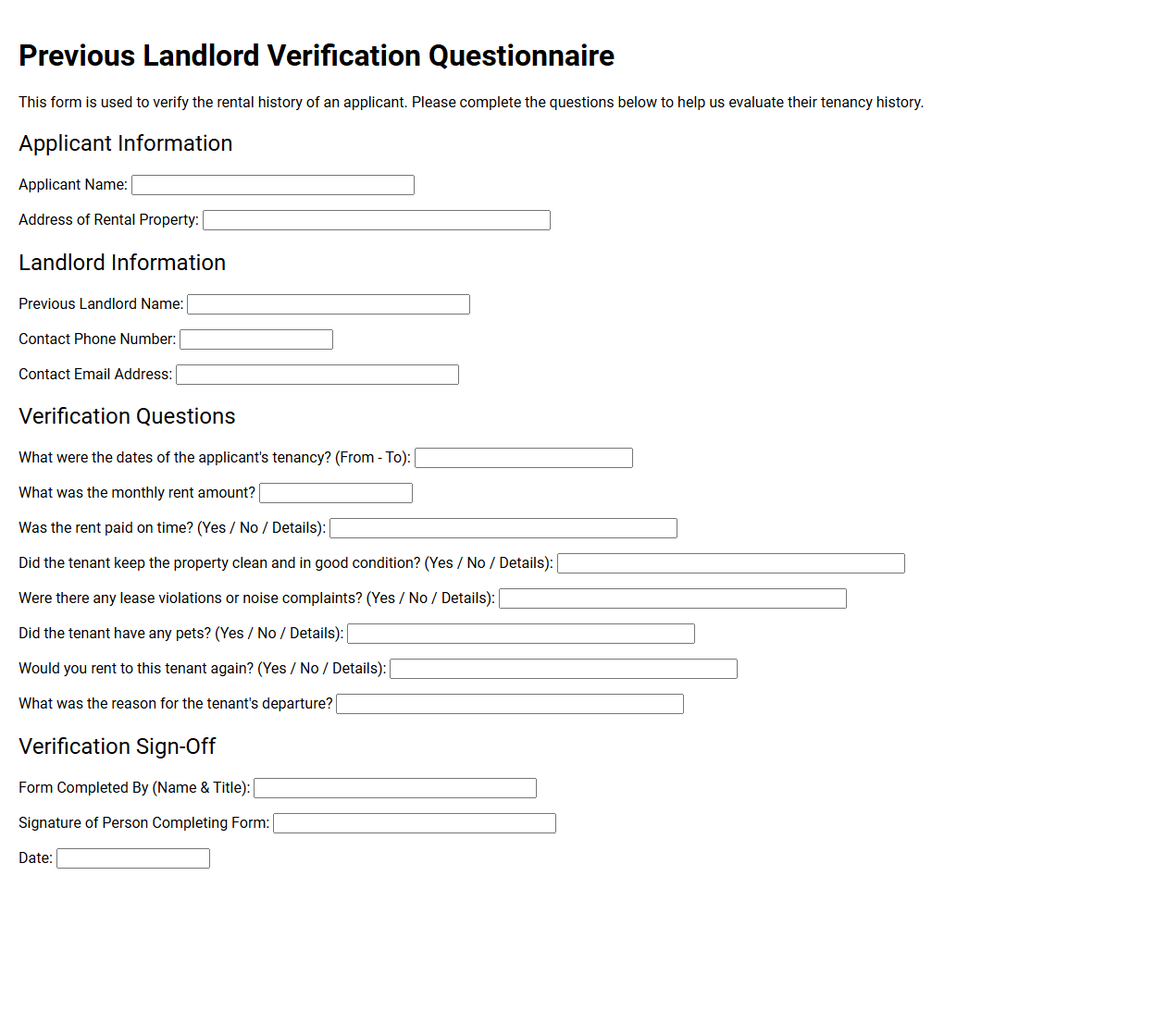 Previous Landlord Verification Questionnaire