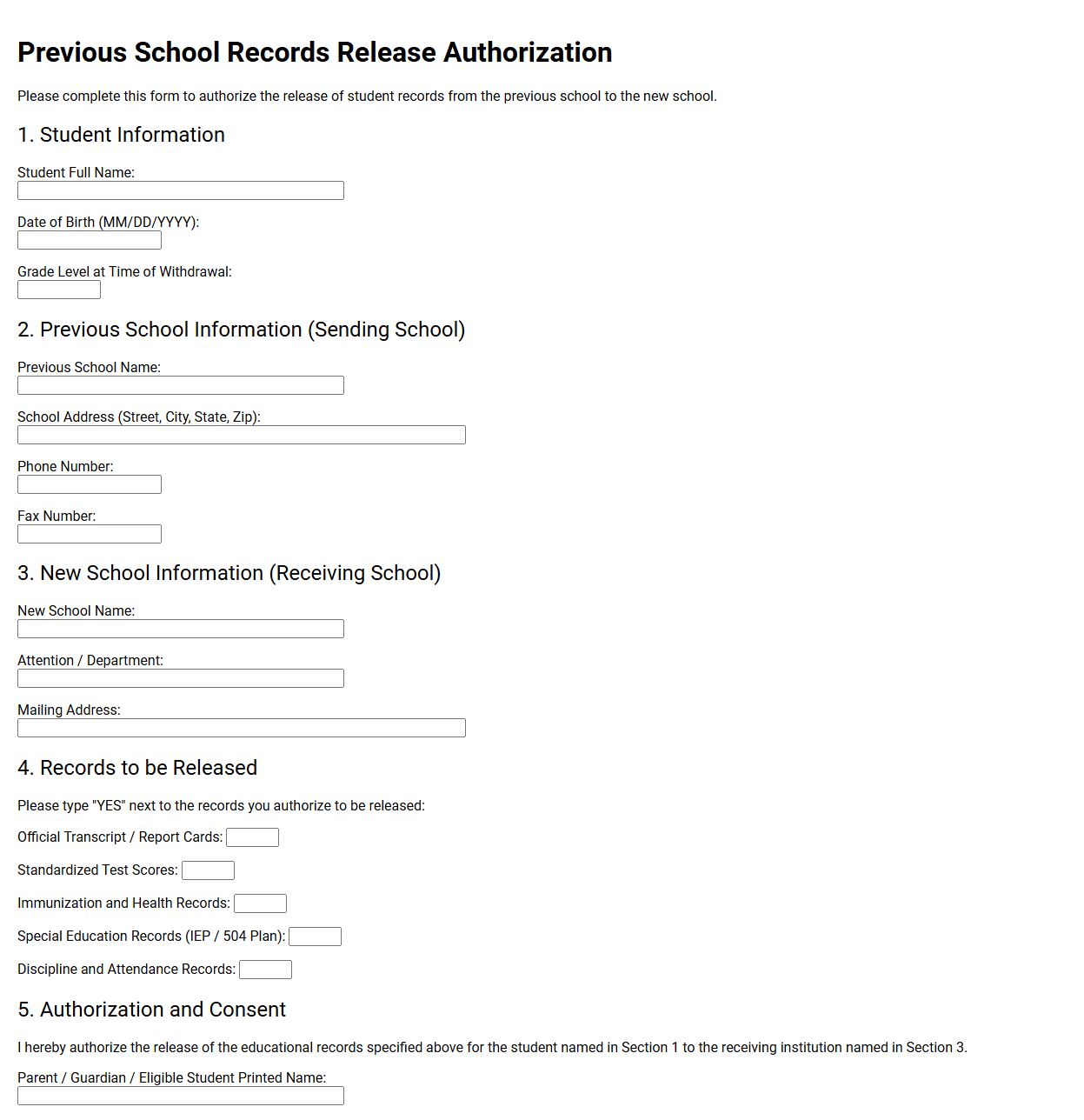 Previous School Records Release Authorization