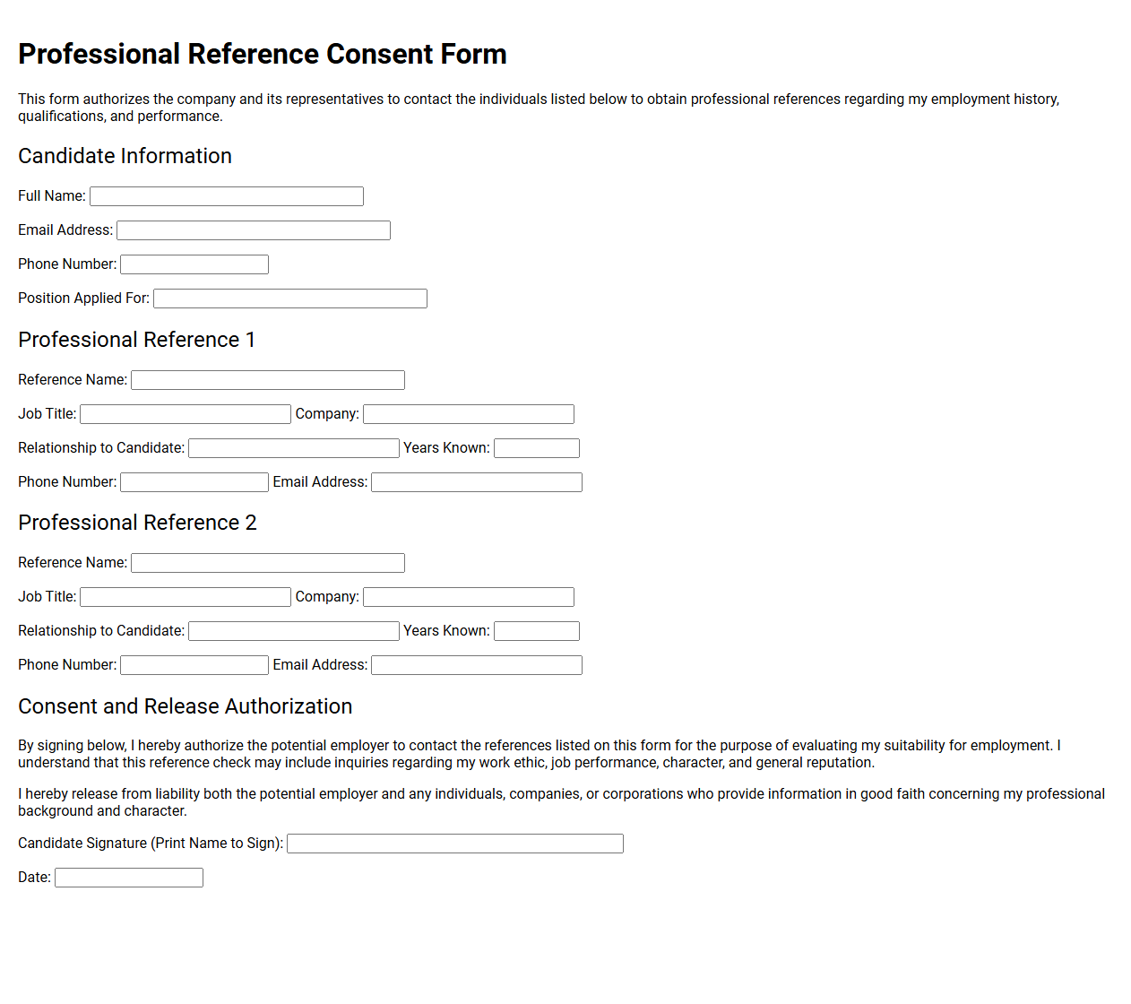 Professional Reference Consent Form