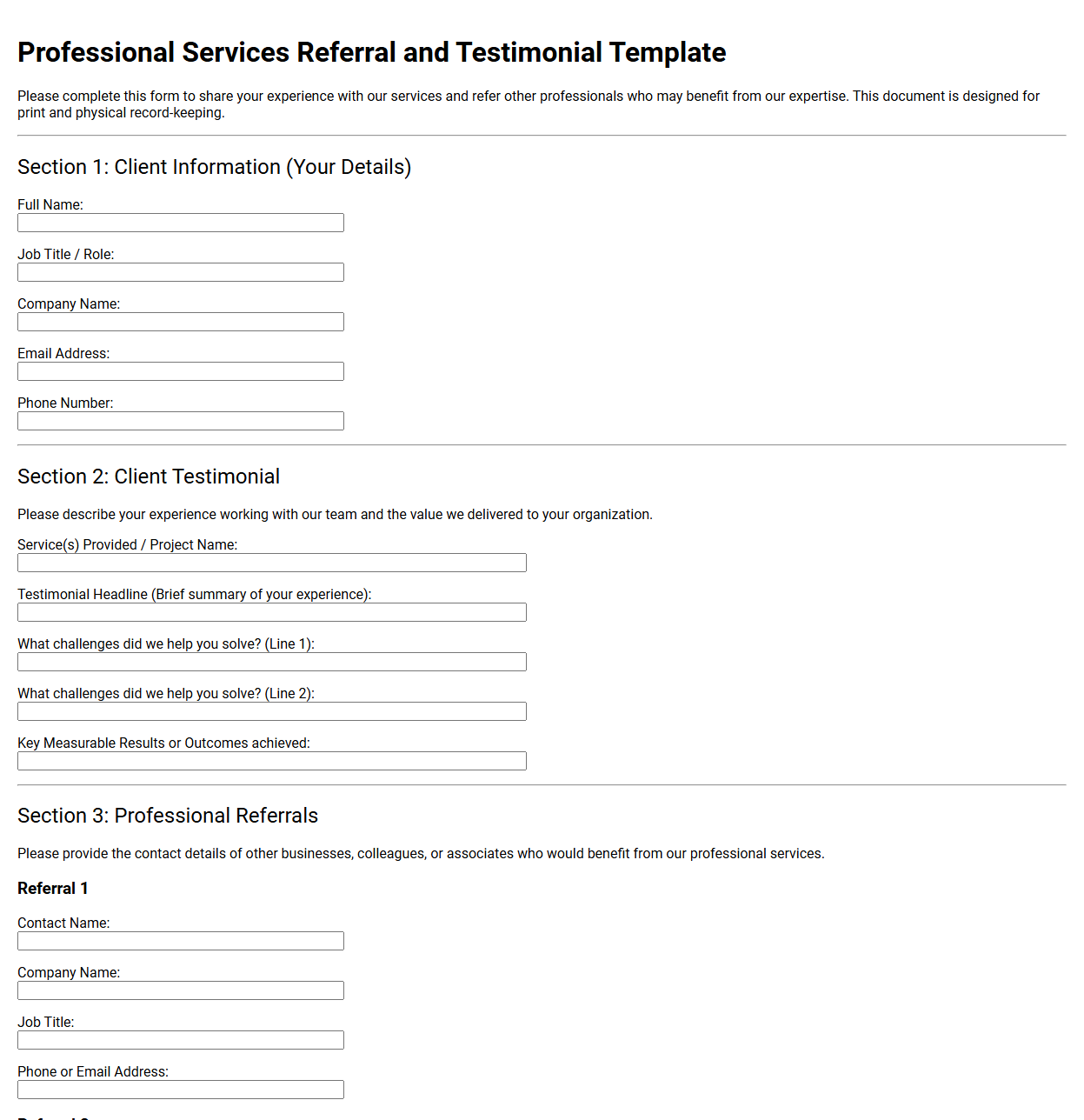 Professional Services Referral and Testimonial Template