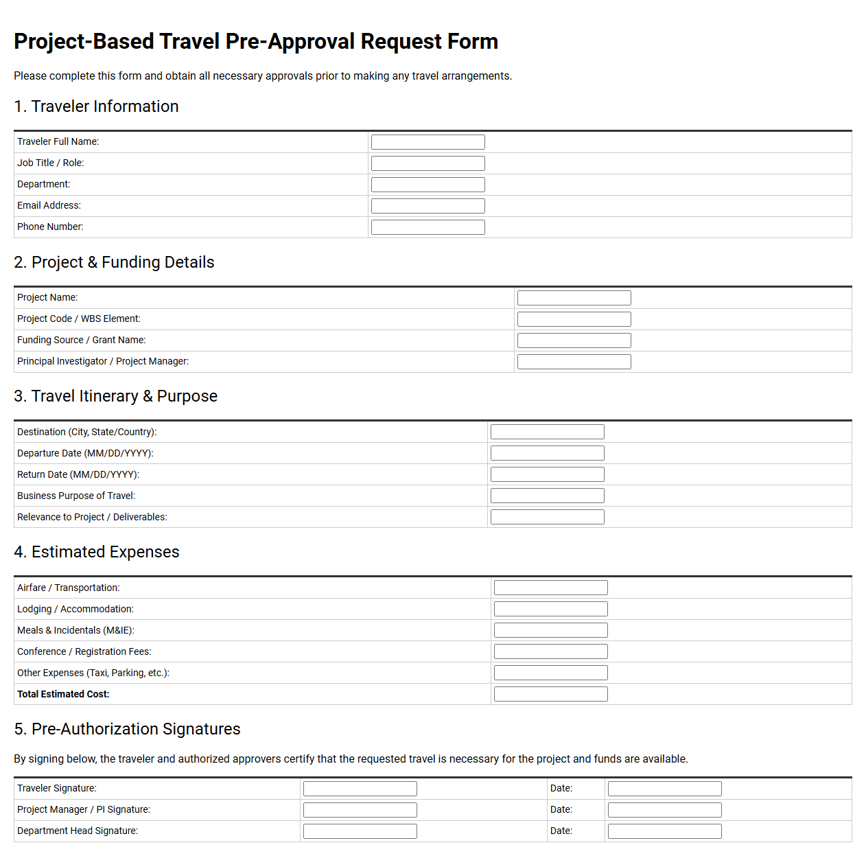 Project-Based Travel Pre-Approval Request Form