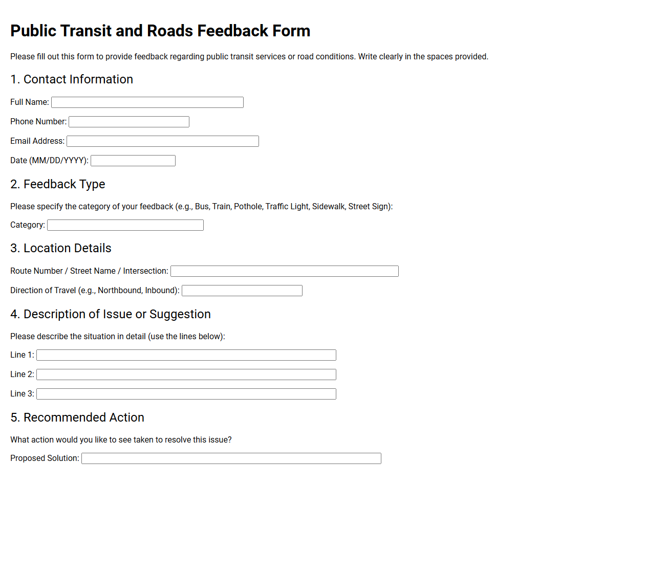 Public Transit and Roads Feedback Form