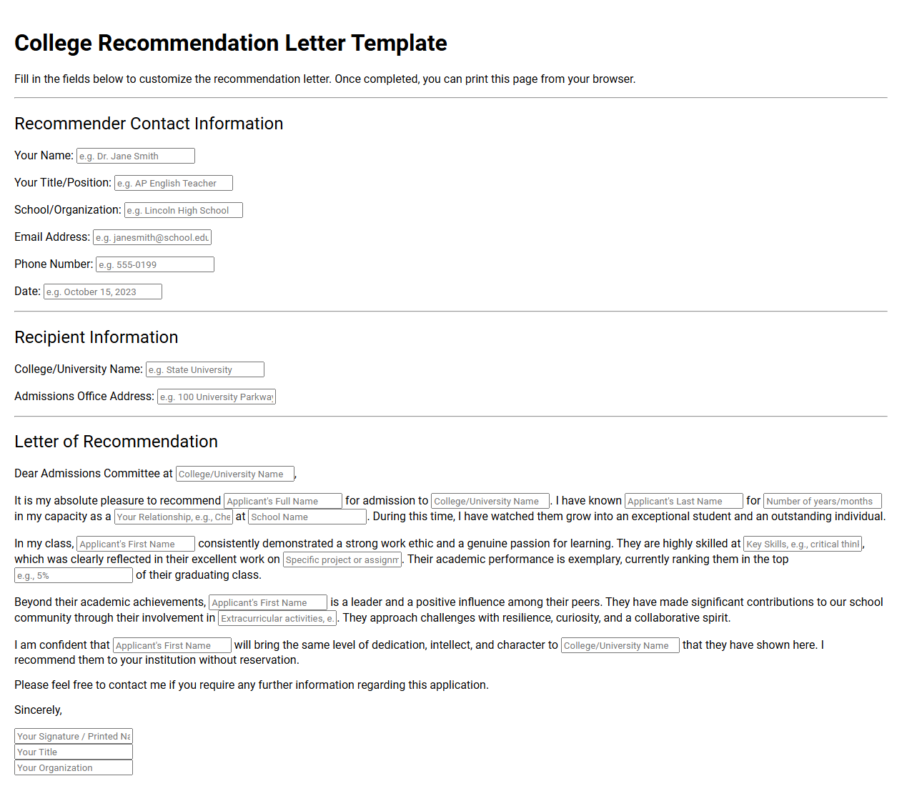 Recommendation Letter Template for College Applicants