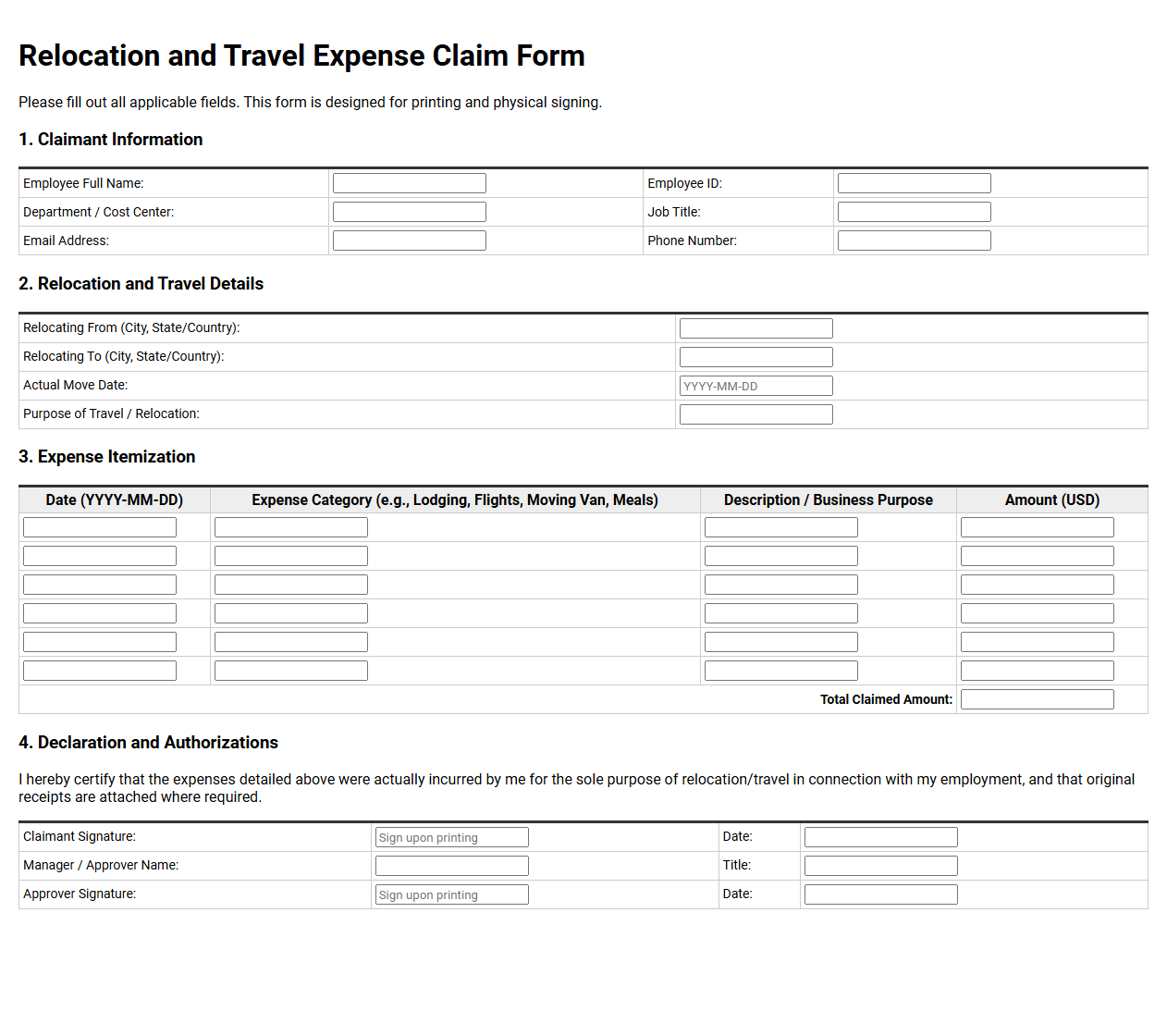 Relocation and Travel Expense Claim Form