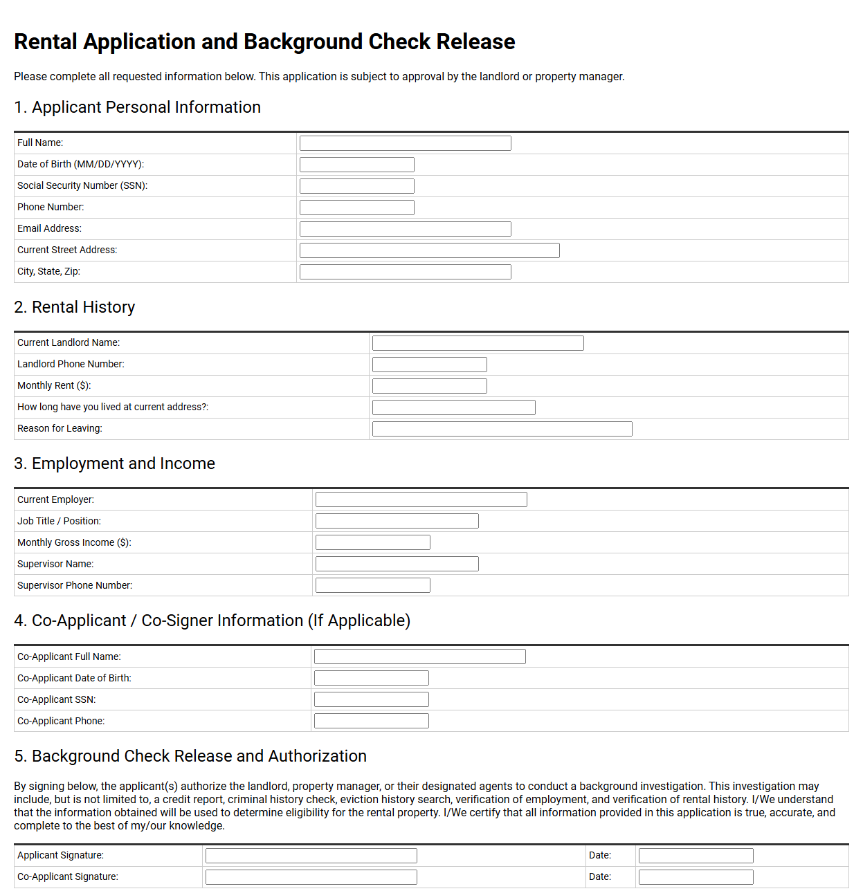 Rental Application with Background Check Release