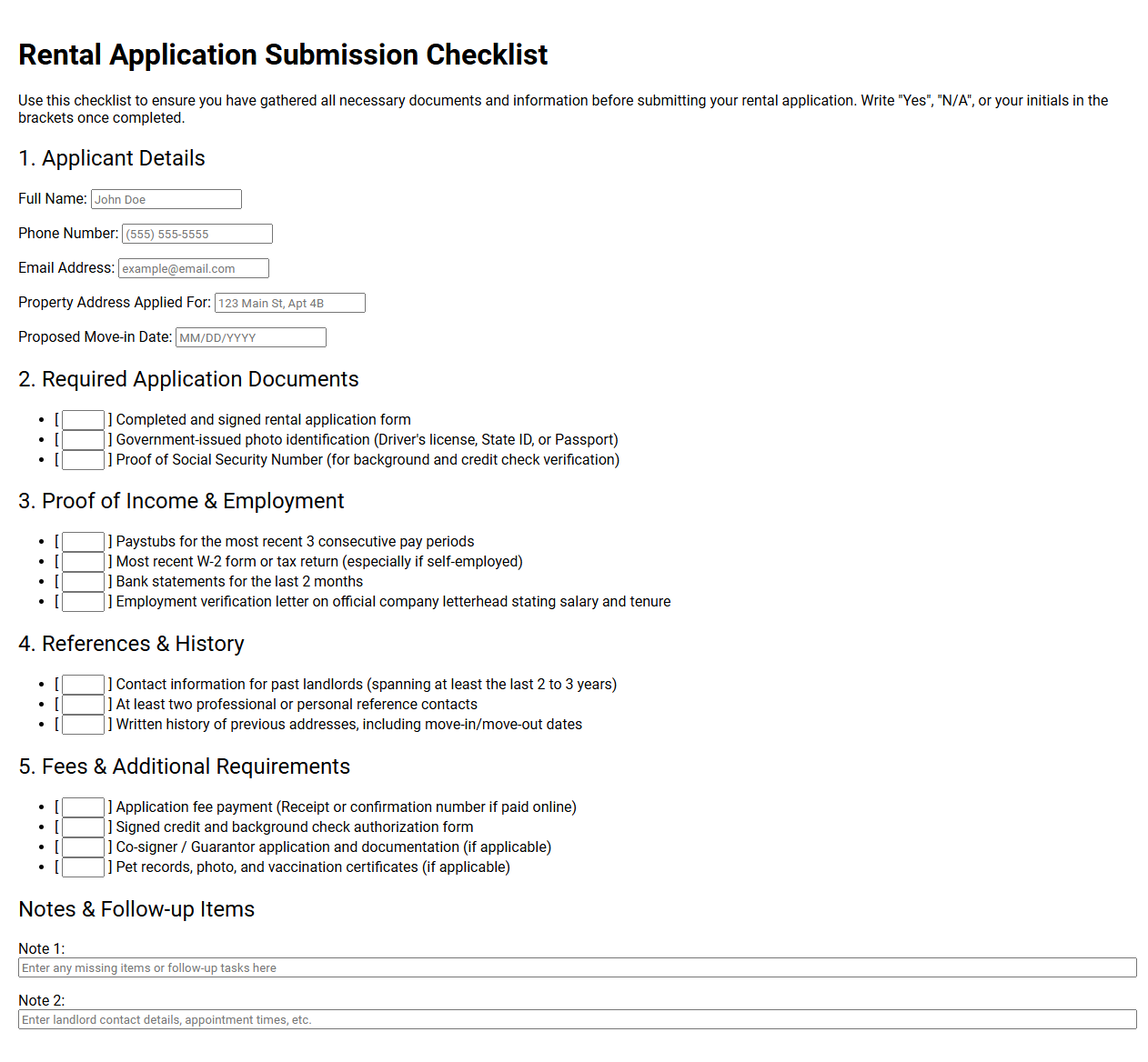 Rental Application Submission Checklist