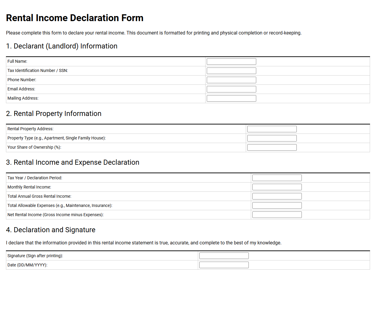 Rental Income Declaration Form for Printing