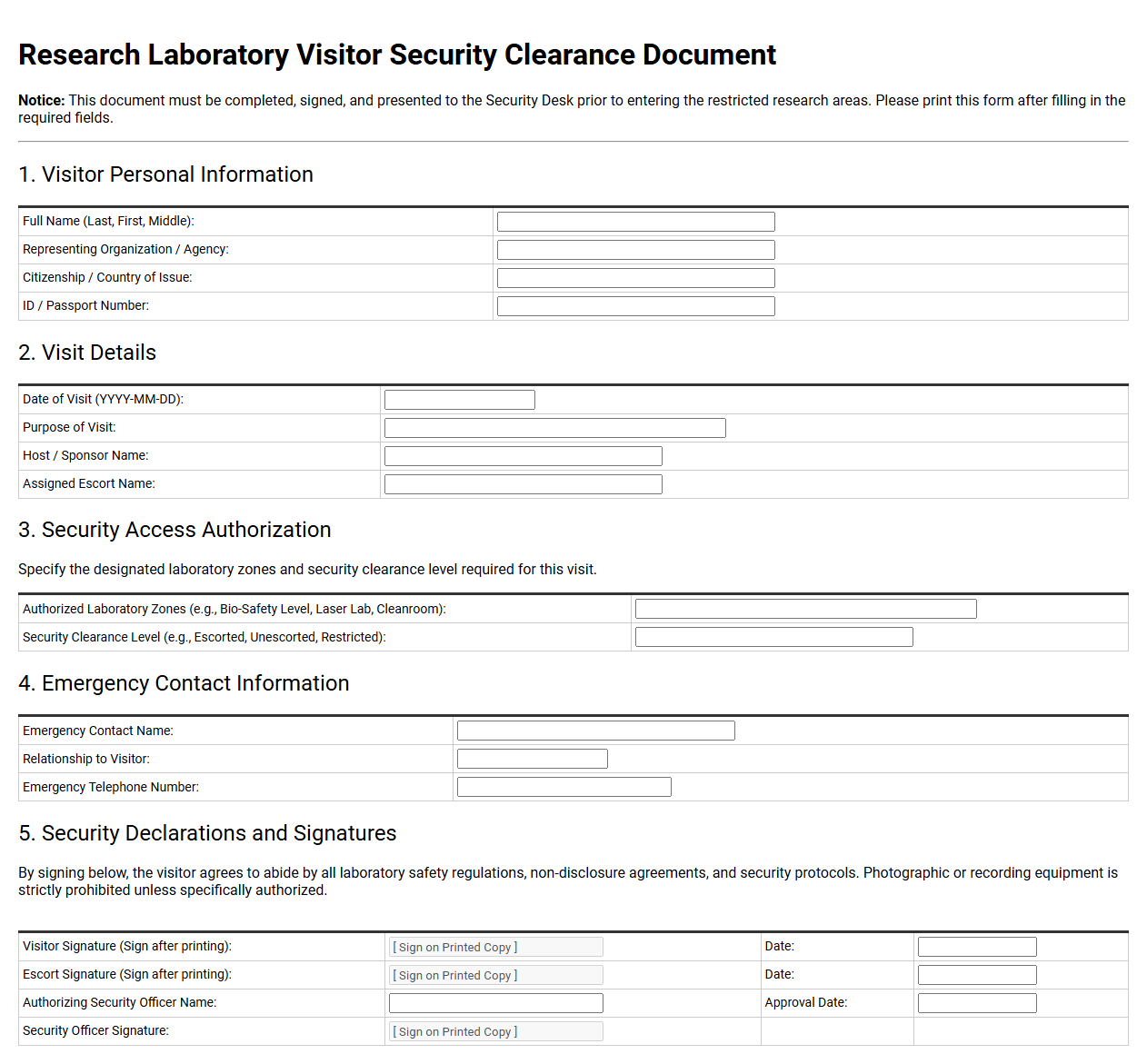 Research Laboratory Visitor Security Clearance Document