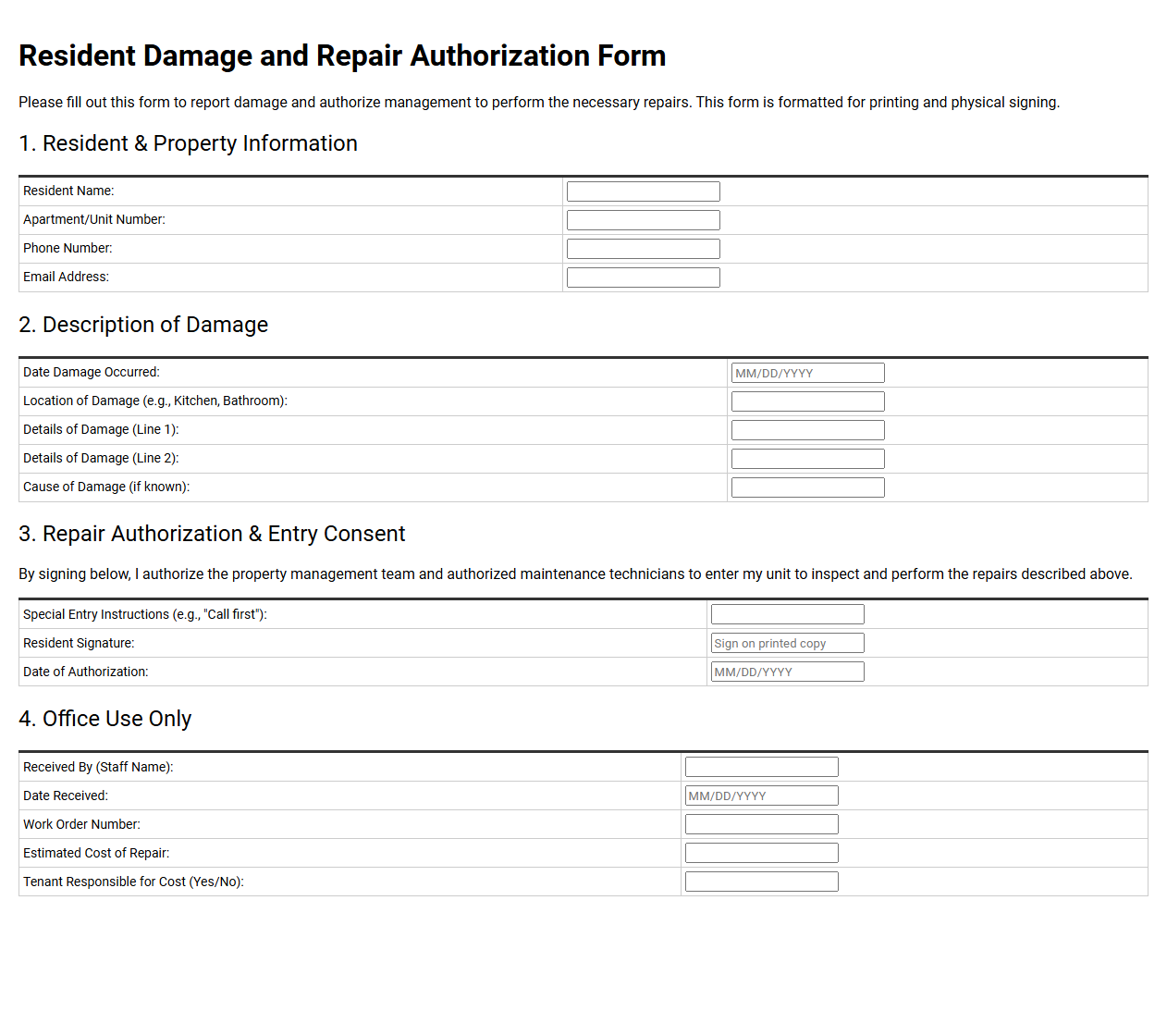 Resident Damage and Repair Authorization Form