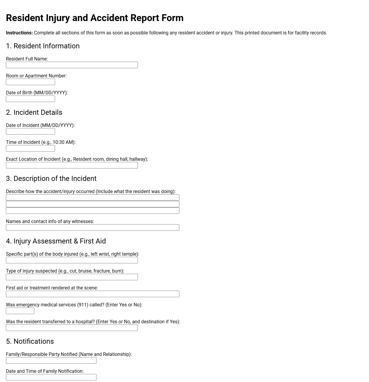 Resident Injury and Accident Report Form