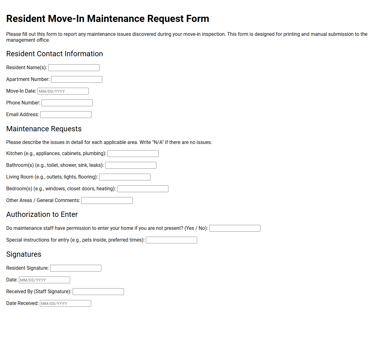 Resident Move-In Maintenance Request Form