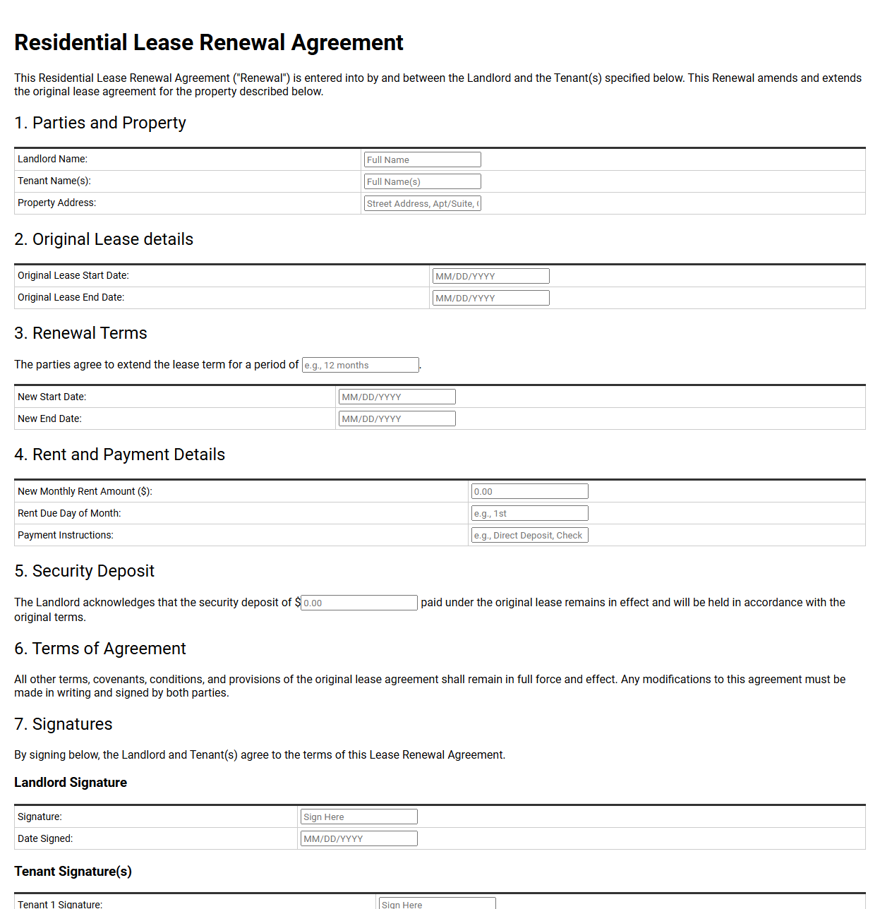 Residential Lease Renewal Agreement Form