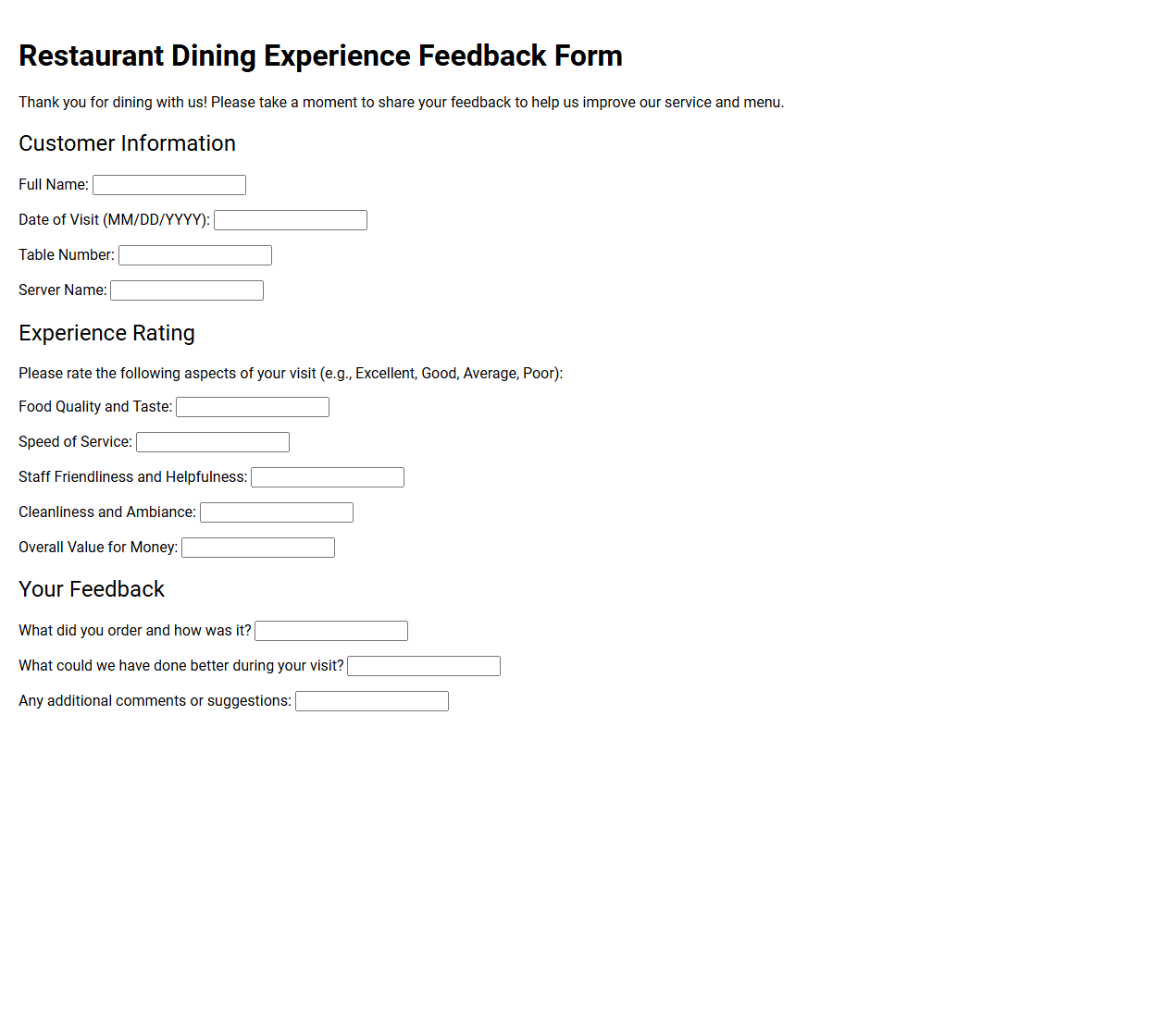 Restaurant Dining Experience Feedback Form