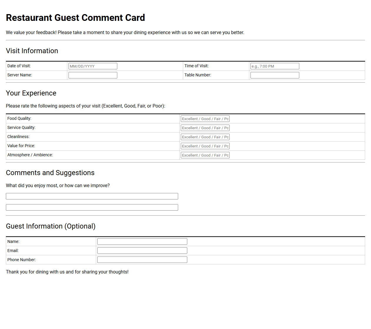 Restaurant Guest Comment Card Template