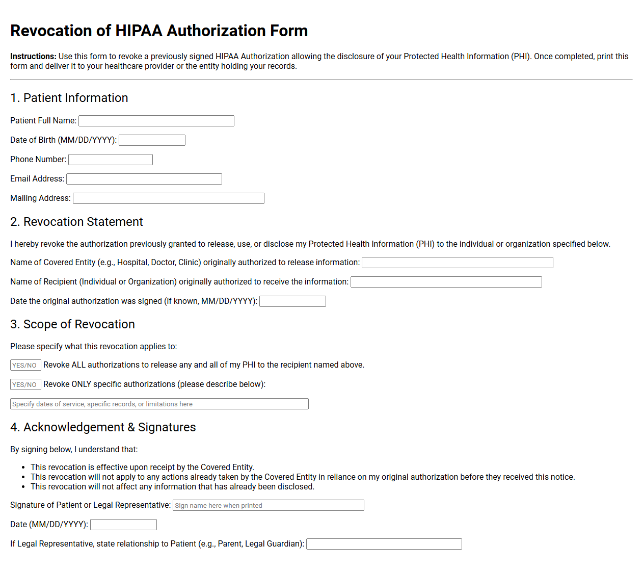 Revocation of HIPAA Authorization Form Template